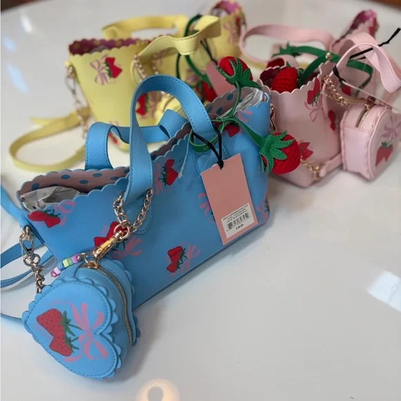 #101 NWT Juicy Couture All 3 Blue,Pink,and Yellow Sweet Strawberry Mini Tote Set - Picture 3 of 13